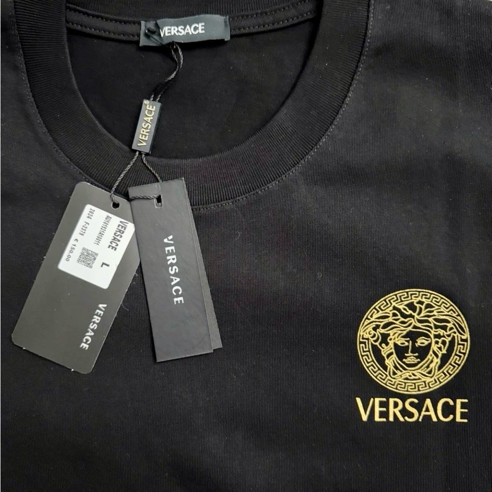 Versace Black Tee with Gold Medusa Emblem